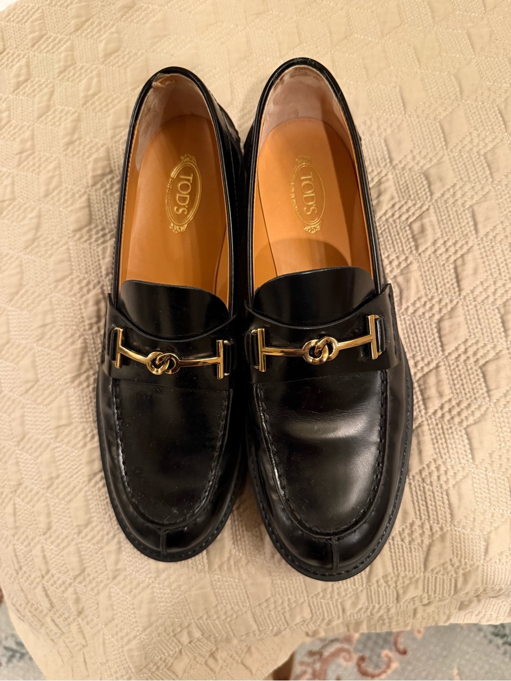 TOD'S Women's Black Leather Loafers with Gold Hardware Size 39
